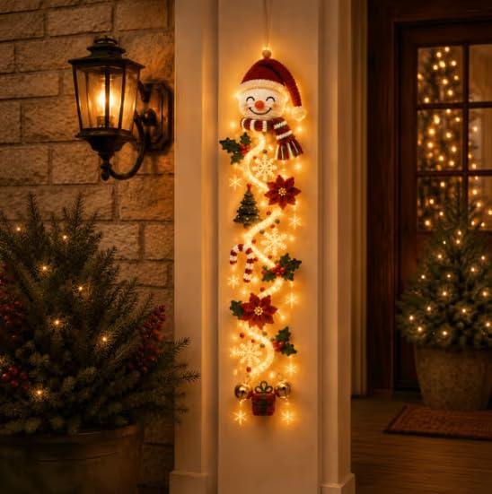 Glowing Christmas Door Hanger, Rustic Lighted Front Door Decor(snowman)