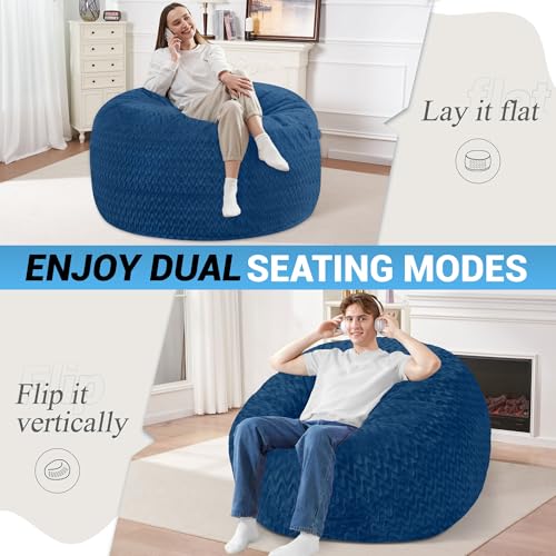Image of 3FT Bean Bag Chair,Giant Bean Bag Chairs for Adults,Big Bean Bags with Memory Foam Filled, Large Beanbag Chairs with Chevron Plush Cover-Blue