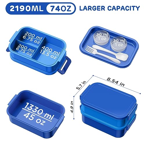Image of DaCool Bento Box Adults Lunch Container - 74 OZ Stackable Leakproof Bento Lunch Box for Adults Men Boys Teens Large Lunch Box Containers with Fork Spoon Sauce Boxes for Work School Dining Out, Blue