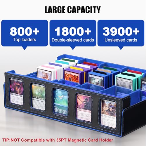 Image of Trading Card Storage Box with Commander Display , 5-Row Deck Case with Removable Lid; 3900+ Card Deck Box for MTG TCG Sports Card, 5 Top Loaders, 5 Stoppers, 48 Dividers,1 Dice Tray (Black Blue)
