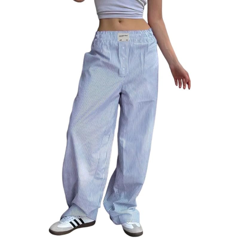 Women's Striped Print Patched Elastic Waist Pants, Casual Street Loose Straight Pant Trousers for Daily Wear