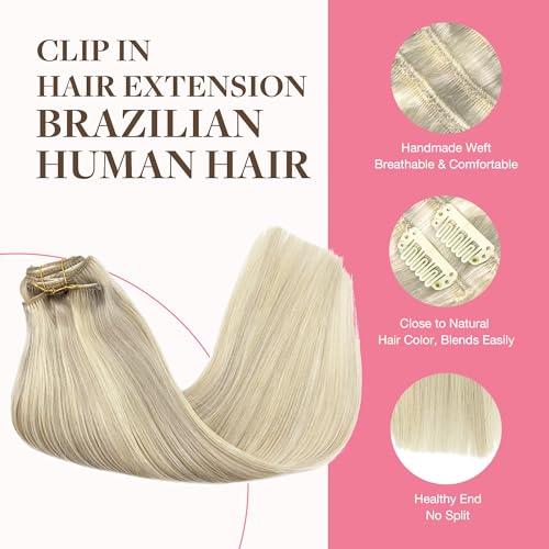 Image of GOO GOO Clip in Hair Extensions Real Human Hair, Remy Human Hair Extensions Clip ins for Women, Natural Human Hair, 16inch 150g 9Pcs, 17A /60A Ash Blonde Highlighted Platinum Blonde