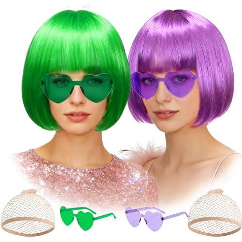 Image of DAJOOEE 2 Pack Party Wigs Wig Cap and Sunglass Set,Short Bob Hair Wigs Straight with Flat Bangs Synthetic Colorful Cosplay Daily Party Neon Wig for Women (Green Purple)