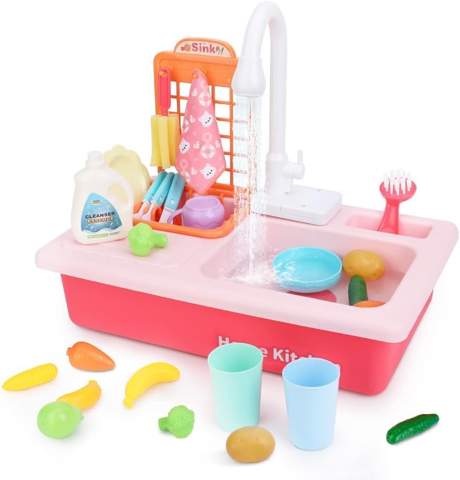 Cojuz Kitchen Sink Play Set for Kids | Electronic Pretend Play Kitchen with Running Water, Faucet, and Accessories | Fun Wash Basin Role Play Toy for Toddlers, Girls & Boys (Pink)