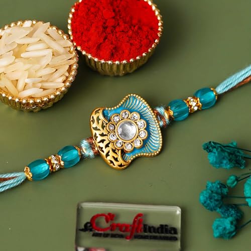 Image of eCraftIndia Blue Golden Beautiful Flower Designer Rakhi for Brother | Raksha Bandhan Rakhi for Bhai Bhaiya