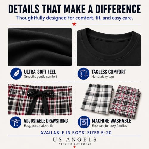 Image of US Angels Boys Pajamas Set | 3-Piece Pant, Shirt, Shorts Sleepwear Pjs for Kids | Loose Fit, Soft, Breathable Blue Plaid