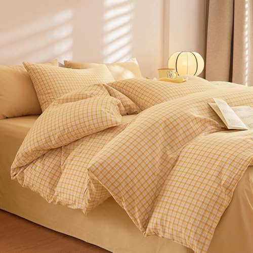Image of EAVD Yellow Gingham Duvet Cover Queen Size Washed Cotton Bedding Set 3 Pieces Grid Plaid Duvet Cover Set Modern Grid Checkered Bedding Set with 2 Pillowcases Farmhouse Gingham Comforter Cover