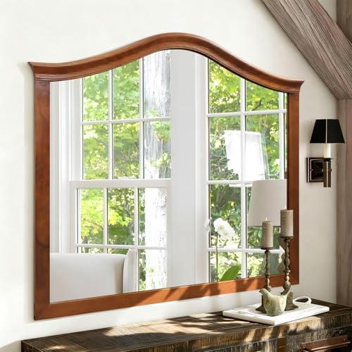JJUUYOU Specchi da bagno in legno per montaggio a parete, grande cornice in legno rustico, vetro temperato, 114 x 102 cm, specchio decorativo da parete per soggiorno, camera da letto, ingresso, noce