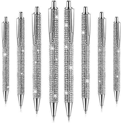 Jeyiour 8 Pcs Rhinestone Pen Bling Diamond Pens Wedding Rhinestones Silver Metal Ballpoint Pens Fancy Sparkly Crystal Pens Retractable Black Ink Pen for Women Office Birthday 0.7mm (Silver) Cover