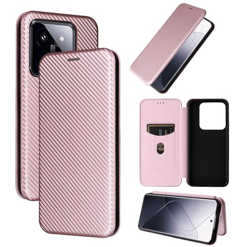 Étui fibre de carbone Xiaomi 14 Pro avec rabat finition premium rose