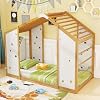 Giantex Twin Size Montessori Floor Bed, 3-in-1 Indoor Kids Jungle Gym Playground with Climbing Slide Swing Net, Monkey Bars, Wood House Bed Frame with Playset for Boys Girls, Natural+White