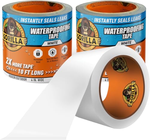 Image of Gorilla Waterproof Patch & Seal Tape, White Tape, 4 inch x 10' - Permanent Weather Resistant Seal for Leaks and Repairs (Pack of 16)