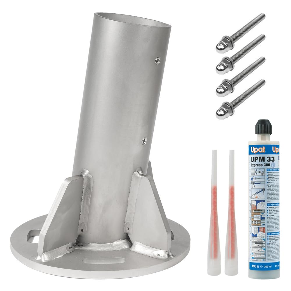 Standfuß, V2A-Edelstahl, zur Befestigung von Sonnensegelstangen mit Ø 70 mm | Rostfreier Mastfuß inkl. Befestigungsset für Beton & Estrich: Gewindestangen M12x150 mm, Verbundmörtel, Statikmischer