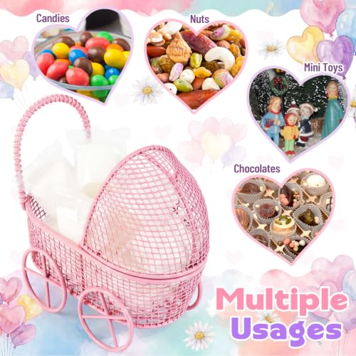 Image of Threehoney 12 Pcs Baby Shower Mini Carriage Decoration Metal Wired Fillable Small Stroller Table Decor Baby Shower Party Favor for Guest Gender Reveal Candy Centerpiece (Pink Brown Blue Purple)
