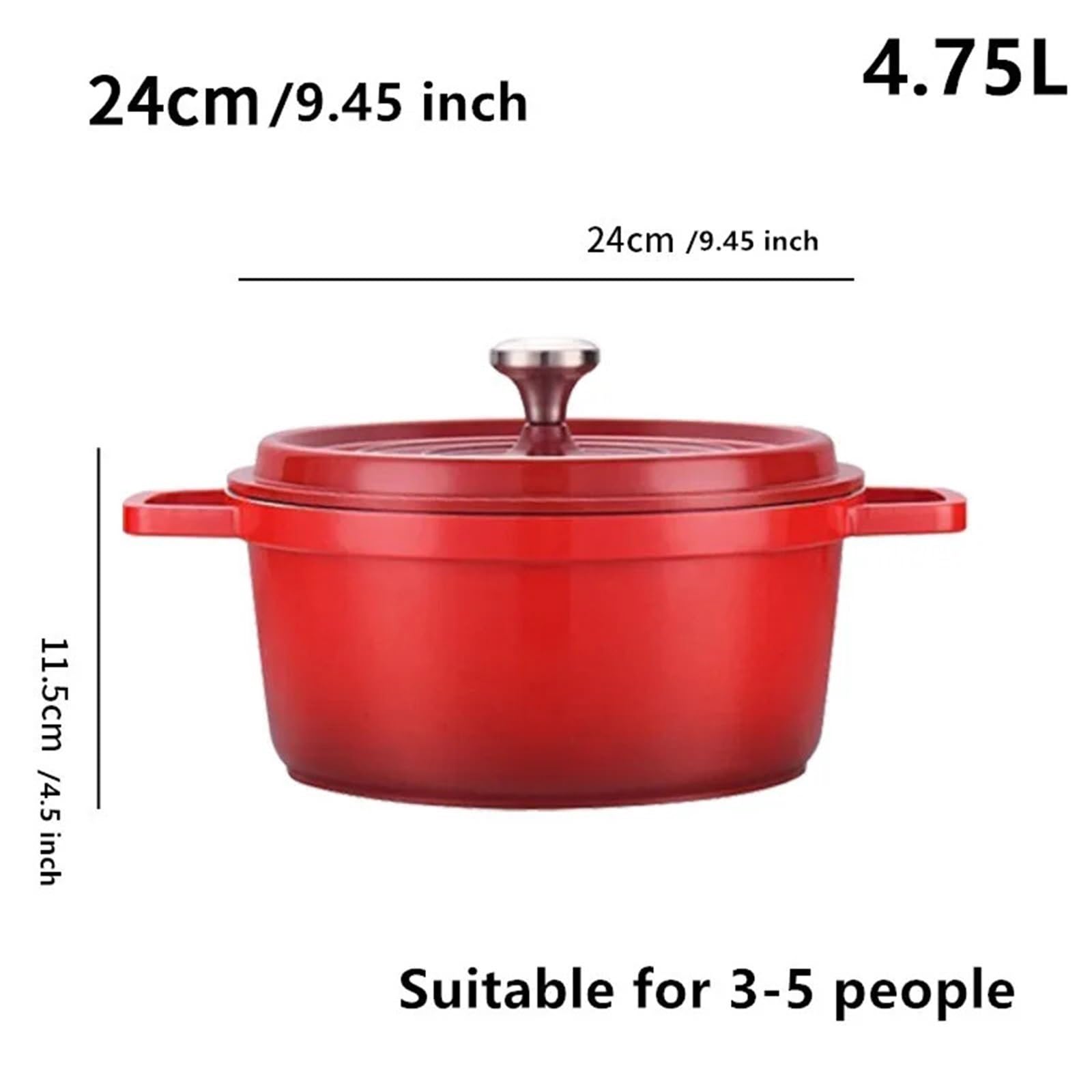 Cacerola de aluminio fundido esmaltado, olla antiadherente con tapa, apta para todas las fuentes de calor, capacidad de 4,7 L, 24 cm