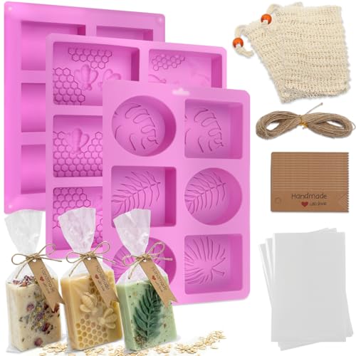 102 Pcs Soap Making Mold Kit - 3 Silicone Molds 48 Bags 48 Gift Tags 65ft Jute Twine 2 Sisal Foaming Soap Bag Pouch for Handmade Craft Soaps Jelly Chocolate & Ice Cube Trays DIY Wax Melts