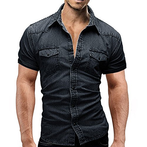 Men's Casual Slim Fit Button Shirt with Pocket Short Sleeve Denim Tops