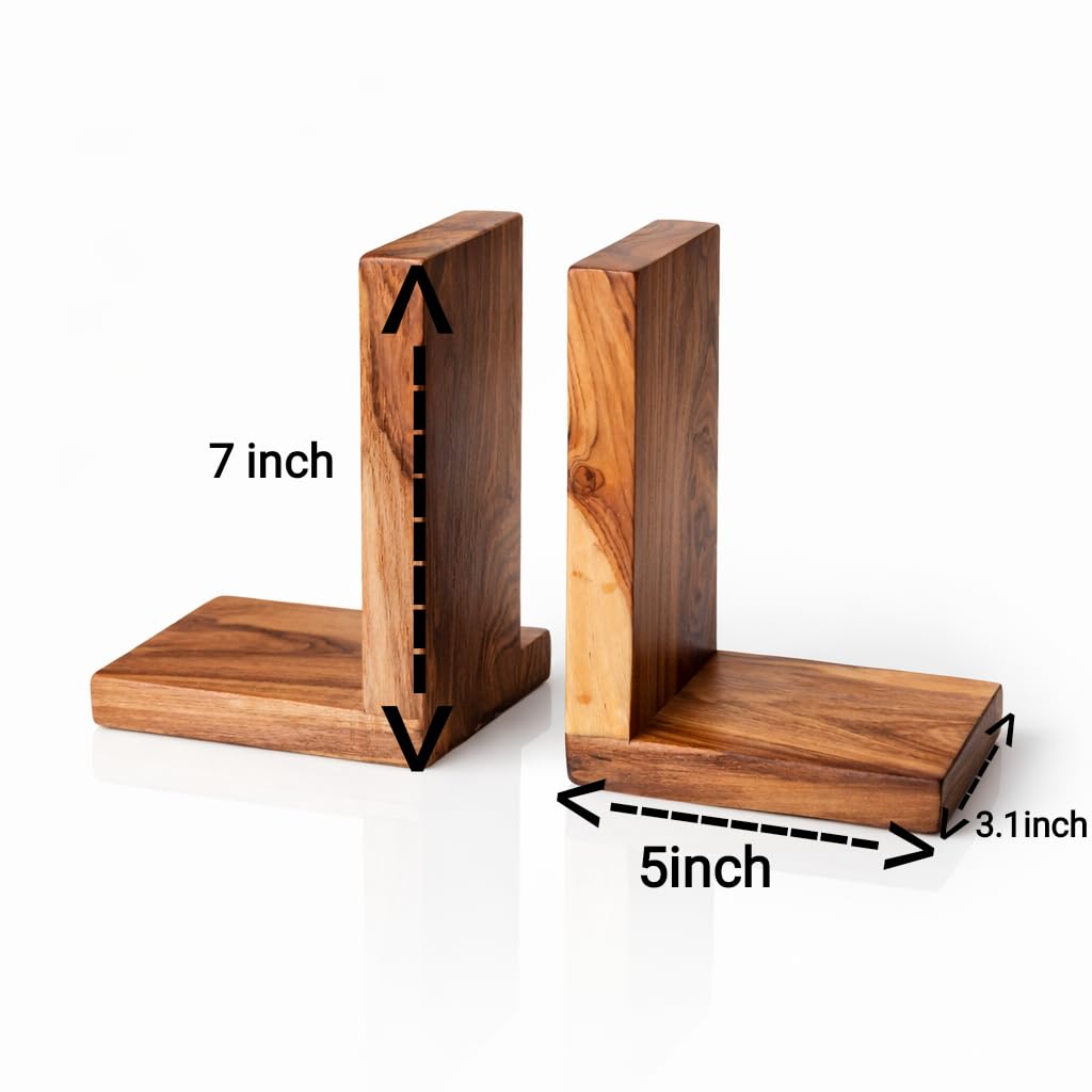 Teak Wooden Bookends For Home Decor | Classroom | Library | Study Decor | Office Table Accessories| Gift for Book Lovers | Book Stand And Organizer Space Saving | Set of 2 | Size 7*5*3.1 in (medium)