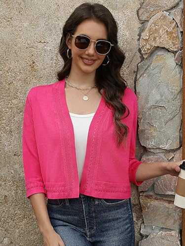 Image of Womens Lightweight 3 /4 Sleeve Bolero Shrug Cardigan Summer Open Front Cropped Knit Cut Out Shrugs for Dresses