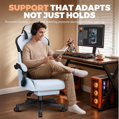 Image of GTPLAYER Gaming Chair with Footrest, Ergonomic Office Chair 400lbs Heavy Duty, Big and Tall Computer Desk Chair with Lumbar Support and Headrest, Breathable Plush Fabric, 90-155 Recline Light Blue
