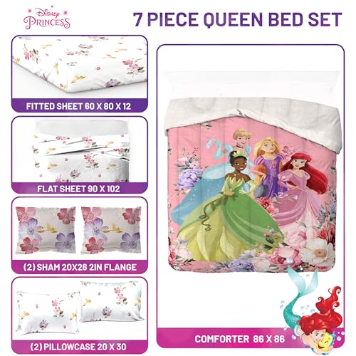 Image of Disney Princess Queen Comforter Set 7 Piece Bedding for Girls, Pink