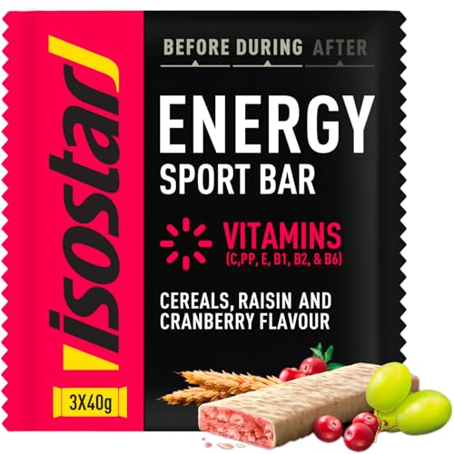 Isostar Barres Energy Sport Saveur Céréales Et Cranberry – Barres Énergétiques, Source De Glucides, 29 g/Barre, Vitamines B1, B2, B6, C, E & PP, Avant & Pendant L’Effort, Vélo & Trail, 3x40g