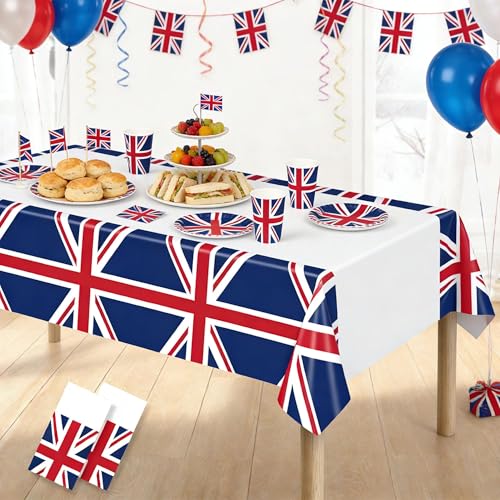 Everglit Union Jack Plastic Table Cloth: 130×220CM VE Day Flag Tablecloth British UK Flag Table Cover Decorations United Kingdom Royal Event Street Party Great Britain Celebrations Supplies(2 Pcs)
