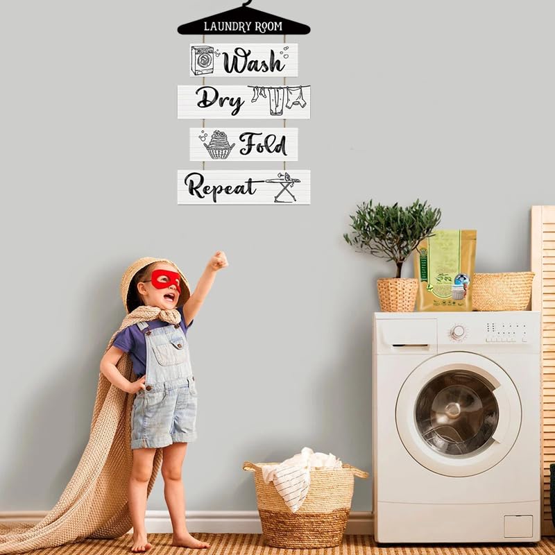 Rustic Laundry Sign with Hang Rope - Wooden Wall Decor for Home Decoration Housewarming Gift - White, 30.48 cm (L) x 45.21 cm (W) - Image 3