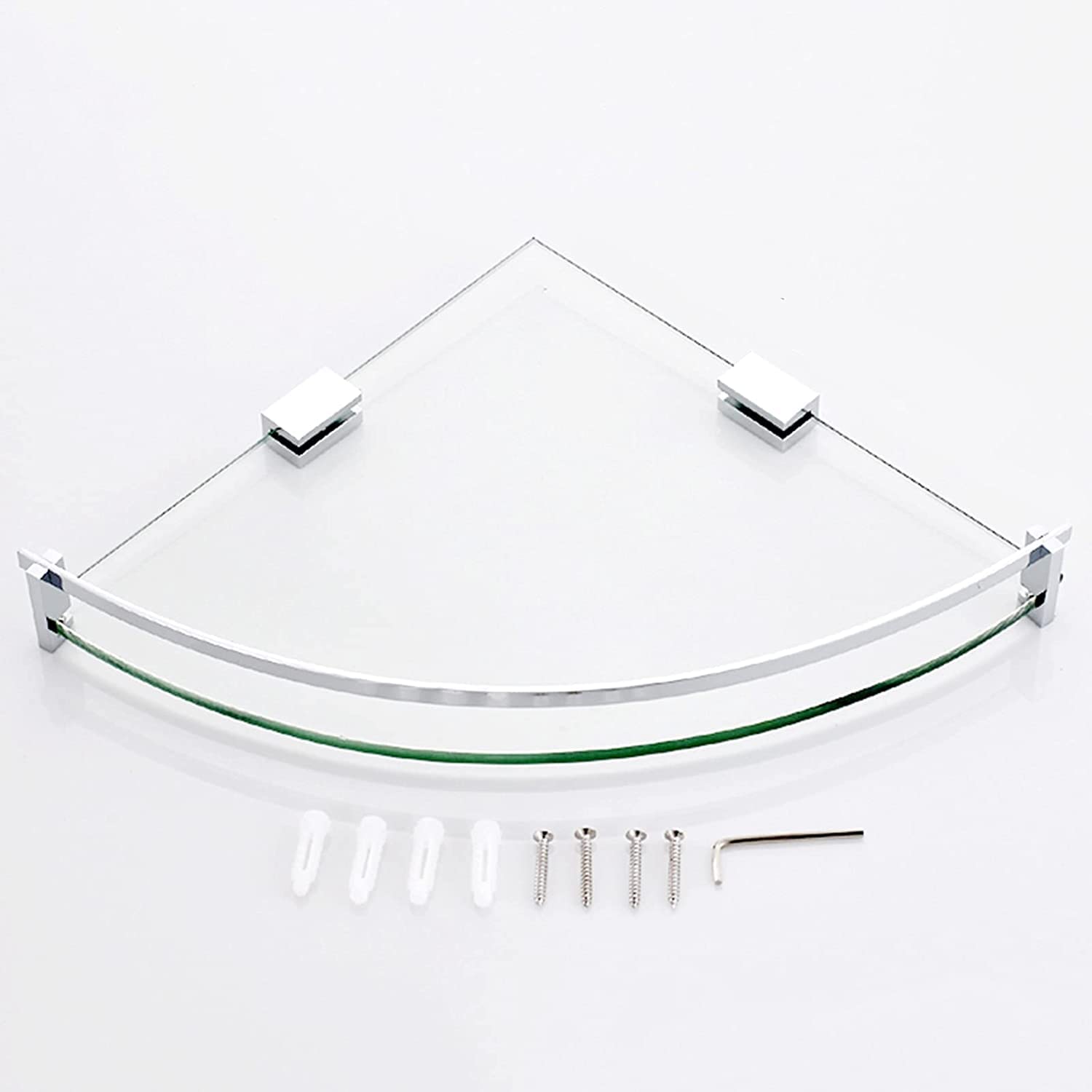 Estante de Vidrio esquinero para baño, Estante de Vidrio Templado con perforación montado en la Pared, para baño, Dormitorio, Estante de Ducha de Oficina con barandilla, Plateado, 20 cm