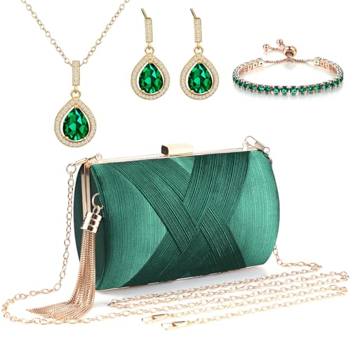 VZZNN 4 Pcs Clutch Purses for Women formal,Green Evening Purse Prom Tassels Purses Shoulder Bag for Wedding Vintage Banquet Handbag Earrings Necklace Bracelet Jewelry Set