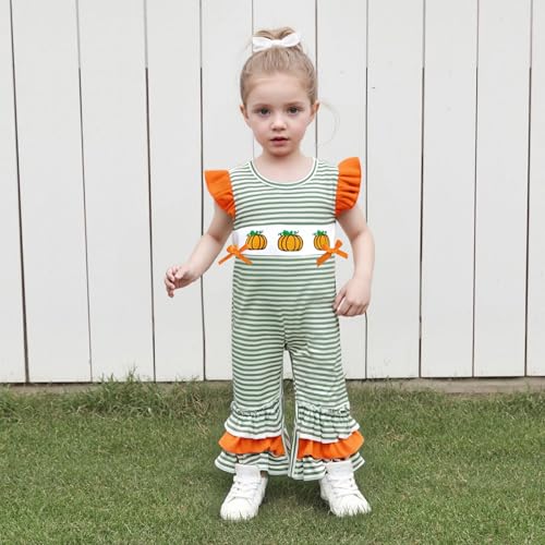 Newborn Baby Girl Halloween Outfit Pumpkin Romper Striped Bell Bottom Flare Jumpsuit Infant Halloween Clothes2
