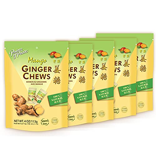 Prince of Peace Ginger Chews With Mango, 4 oz. ? Candied Ginger ? Mango Candy ? Mango Ginger Chews ? Natural Candy ? Ginger Candy for Nausea – 5 Pack