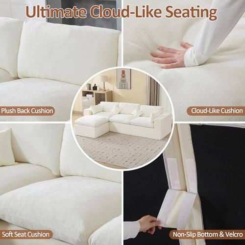 Image of 115''Cloud Boneless Sectional Couch, Modular Sectional Sofa Deep Seat with Ottoman, Oversized Upholstered Convertible Comfy 4 Seater Chenille Sofa L Shape Couches for Living Room, Beige