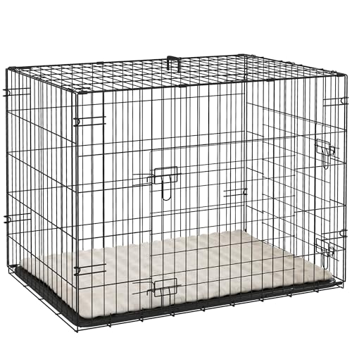 PawHut Cage pour Chien, Cage de Transport pour Chien Pliable, avec 2 Portes, Plateau Amovible, Coussin Doux Lavable, Cadre en Acier, 75 x 48,5 x 53 cm, Noir