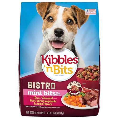 Kibbles n Bits Bistro Mini Bits Small Breed Dry Dog Food Oven Roasted Beef Spring Vegetable and Apple Flavors for Adult Dogs 3.5 lb. Bag 4 count