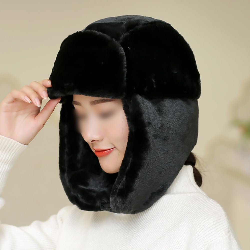 Faux Fur Warm Trapper Cap Unisex Adult Trapper Hat Russian Style Hat Wind Proof Ear Flaps Hat Fluffy Winter Hunting Hat Black