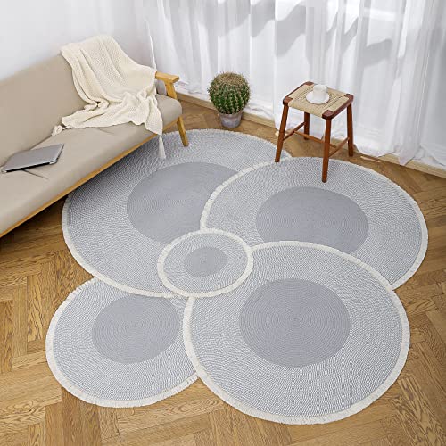 Image of Cotton Round Carpet 3x3 feet - Handmade Braided Boho Rug for Living Room, Bedroom & Balcony - Soft Washable Floor Mat, Color -Mixx Silver