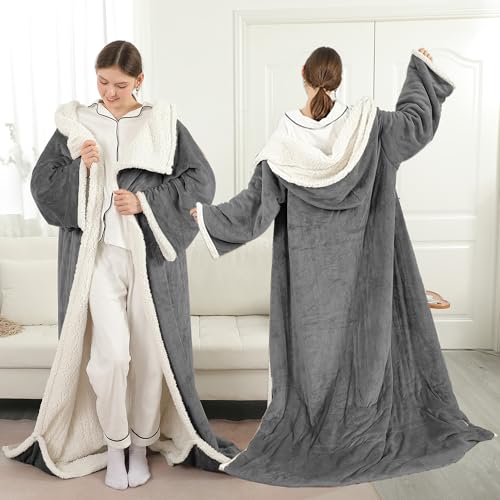 ESTINGO Wearable Electric Throw Heated Blanket with Foot Pocket Heated Electric Blanket with Sleeves 6 Heating Levels and 1-4H Timer Heated Hoodie Women for Mom Grandma 5070 Grey