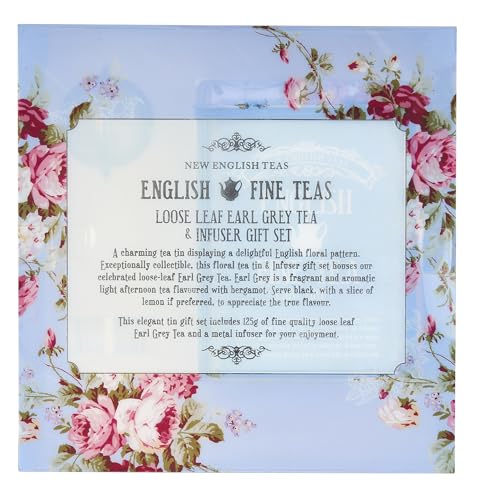 New English Teas Earl Grey Loose Leaf Gift Set with Infuser, Vintage Floral Tin, 4.4 Oz