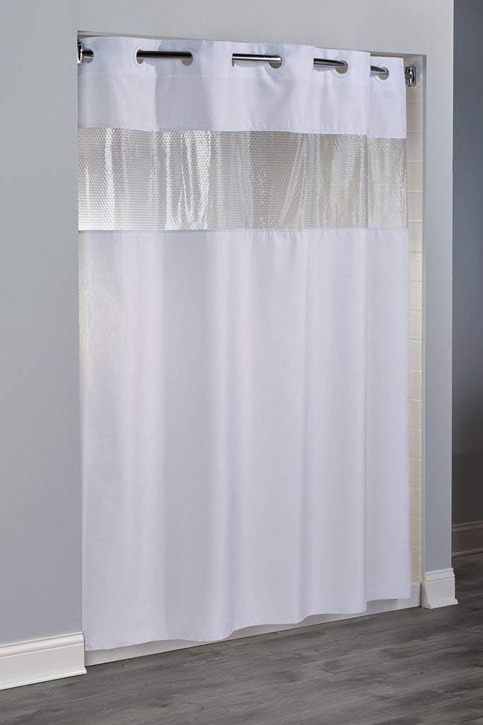 Hookless HBH41BUB01WS White The Major Shower Curtain with Matching Flat Flex-On Rings, Weighted Corner Magnets, and Bubble-Textured Window - 71" x 74"