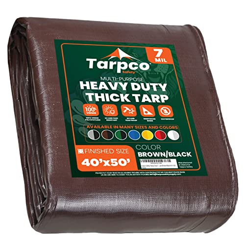 Image of Heavy Duty 7 Mil Tarp Cover, Waterproof, UV Resistant, Rip and Tear Proof, Poly Tarpaulin with Reinforced Edges for Roof, Camping, Patio, Pool Cover, Boat (Brown /Black 40′ X 50′)