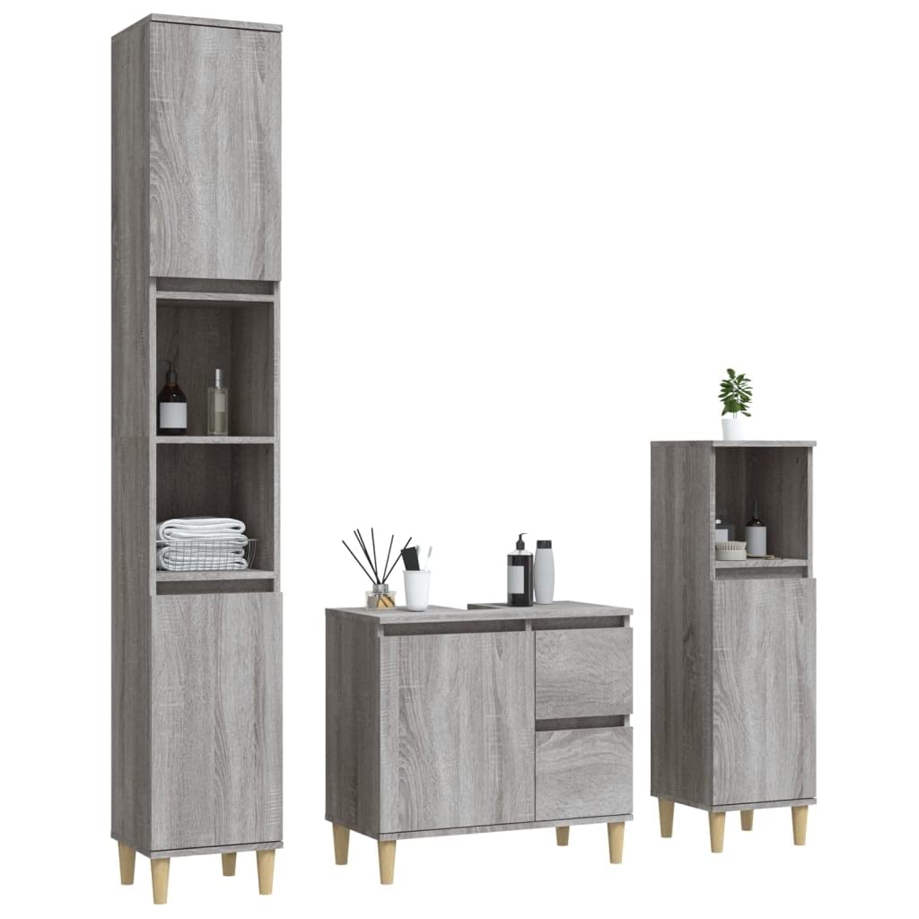 3-TLG. Badmöbel-Set Grau Sonoma Holzwerkstoff,Badschrank mit Holzbeinen, Badezimmer Unterschrank Hochschrank Midischrank, Badezimmermöbel