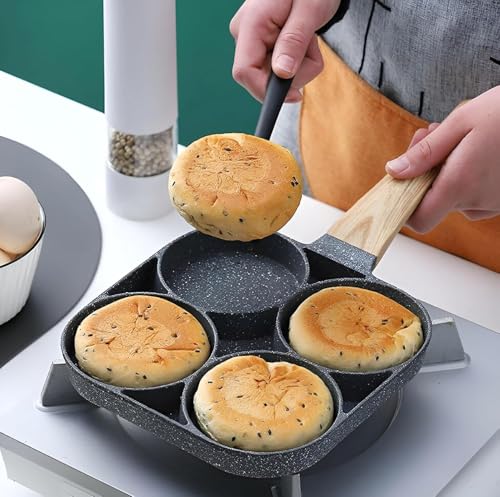 Image of Niyam 4-Hole Non-Stick Egg Frying Pan with Detachable Wooden Handle - Multi-Purpose Pan for Omelets, Burgers, Poached Eggs, Pancakes, Crepes Breakfast cookware in The Kitchen (Black B, 17cm)
