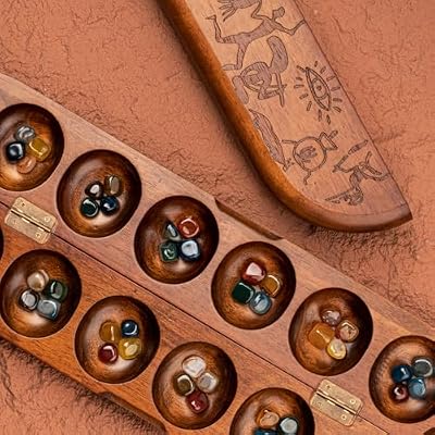 Deluxe Mancala Set: Real Wood Hinged Board with 48 Natural Multicolor Stones - Authentic African Petroglyphs, Foldable Design for 2-Player Strategy Game