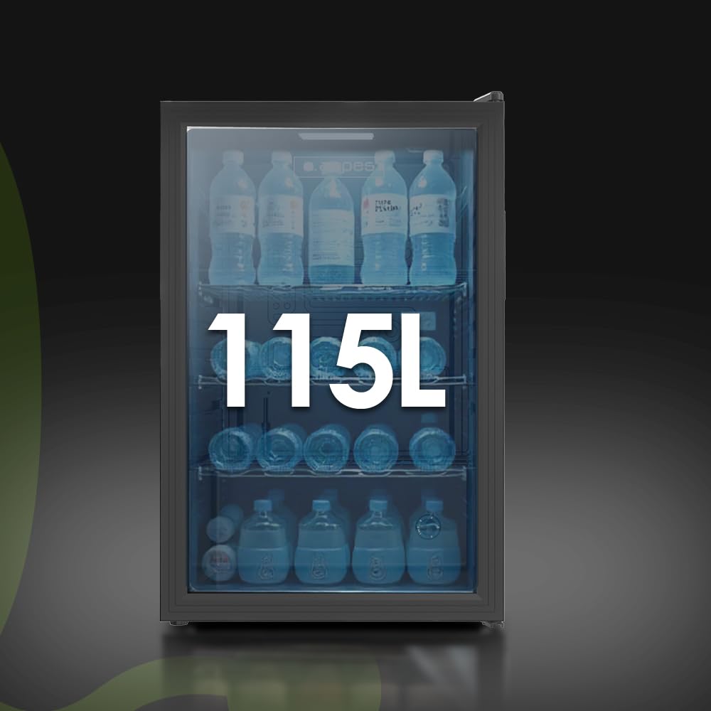 Aspes Refrigerador Negro ARH855500EN, Capacidad 121 Litros, 54 cm Ancho, 84 cm Alto, Cíclica, 39 dB Nivel Sonoro, Luz LED, Puerta Cristal Reversible, Apertura Tipo Uñero, Clase E