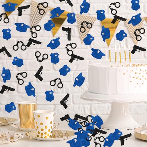 Image of 120pcs Officer Confetti - Congrats Officer Grad Party Sign - Officer Birthday Party Decoration Scatters for DIY Crafts - Police Caps Handcuffs Guns Glitter Cutous