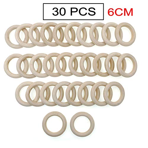 JZK 30 x Natural Wood Rings for Craft 6cm Unfinished Wooden Ring for Macrame Plant Pot Hanger Round Wooden Hoops for Crochet Crafts - Image 2