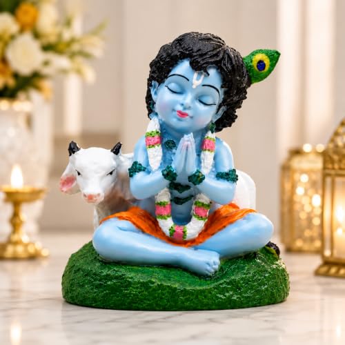 Image of Lord Krishna Idol Resin Baby Balkrishna Laddu Gopal Murti for Car Dashboard, Decorative Showpiece for Home Decor, Pooja Room, Office Desk, Living Room, Spiritual Gift & Religious Statue