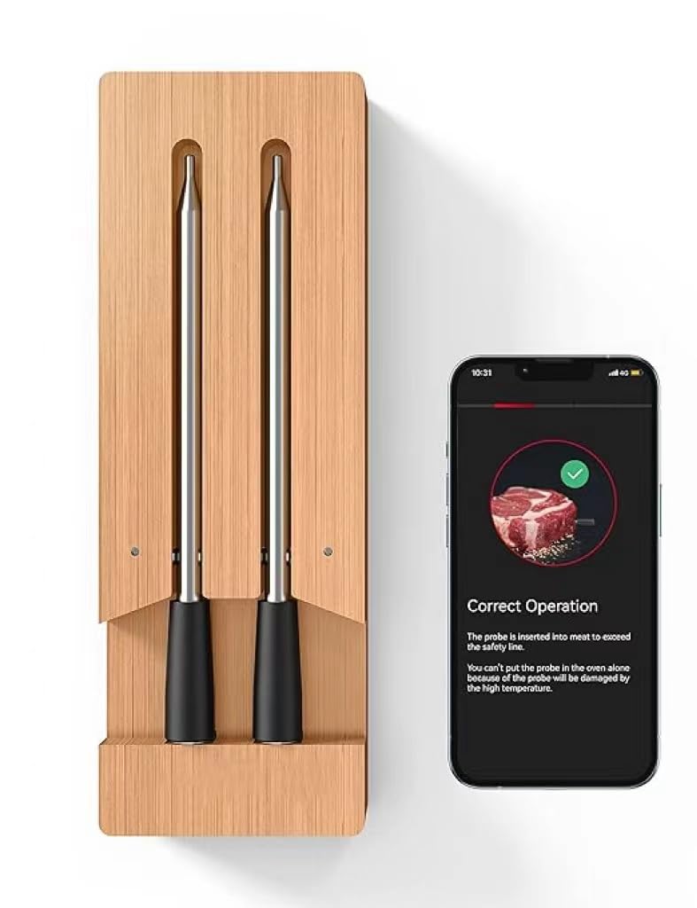 Bluetooth Meat Thermometer with Probe – IP68 Waterproof/Oilproof/Shockproof | ±0.5°C High Accuracy | 80m Wireless Range | for Grilling, Smoking, Oven & Air Fryer