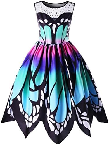 Goddessvan Plus Size Dress,Womens Vintage Butterfly Printing Sleeveless Party Dress Swing Lace Dress